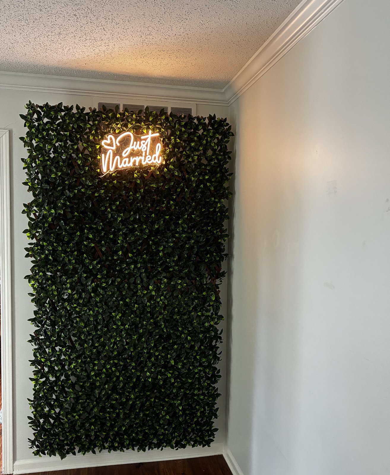 Greenery photo wall with a glowing Just Married sign